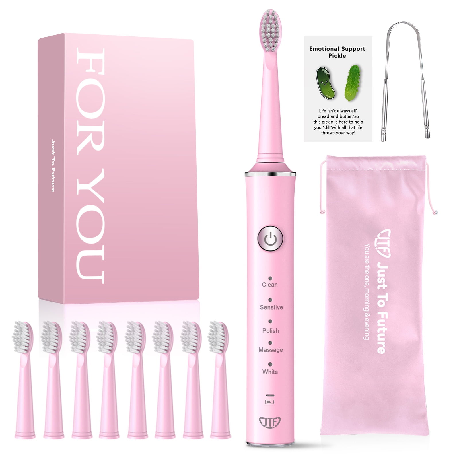 JTF Sonic Electric Toothbrush for Adults and Kids with 8 Brush Heads, Tongue Scraper and Travel Bag - FOR YOU 5 Modes Rechargeable Power Toothbrush for Family and Friends/For Home School Trips, Pink