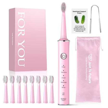 JTF Sonic Electric Toothbrush for Adults and Kids with 8 Brush Heads, Tongue Scraper and Travel Bag - FOR YOU 5 Modes Rechargeable Power Toothbrush for Family and Friends/For Home School Trips, Pink