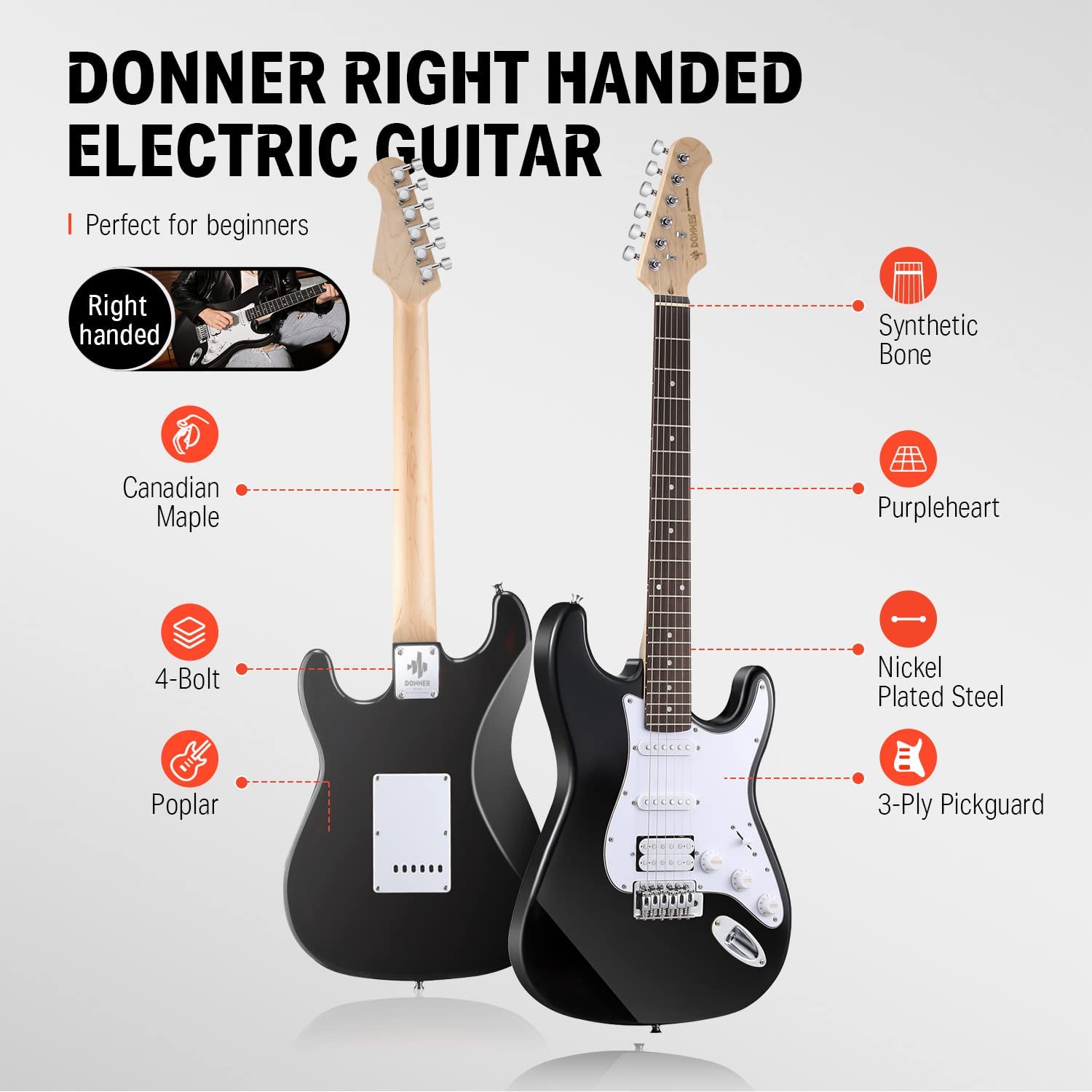 Donner DST-100B 39" Electric Guitar Beginner Kit Solid Body Full Size HSS for Starter, with Amplifier, Bag, Digital Tuner, Capo, Strap, String, Cable, Picks, Black - image 3 of 11