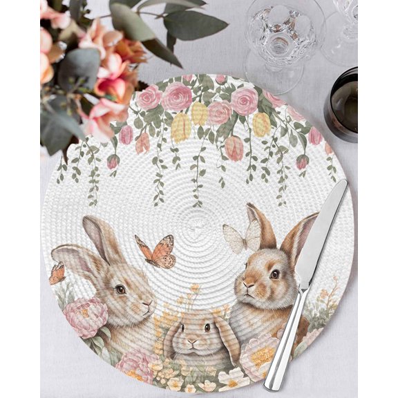 15 Inch Round Placemats Set of 4, Easter Rabbits Non Slip Heat Insulation PP Table Mats, Watercolor Floral Cute Bunny Plants Spring Washable Place Mats for Kitchen Dining Party Table Decor