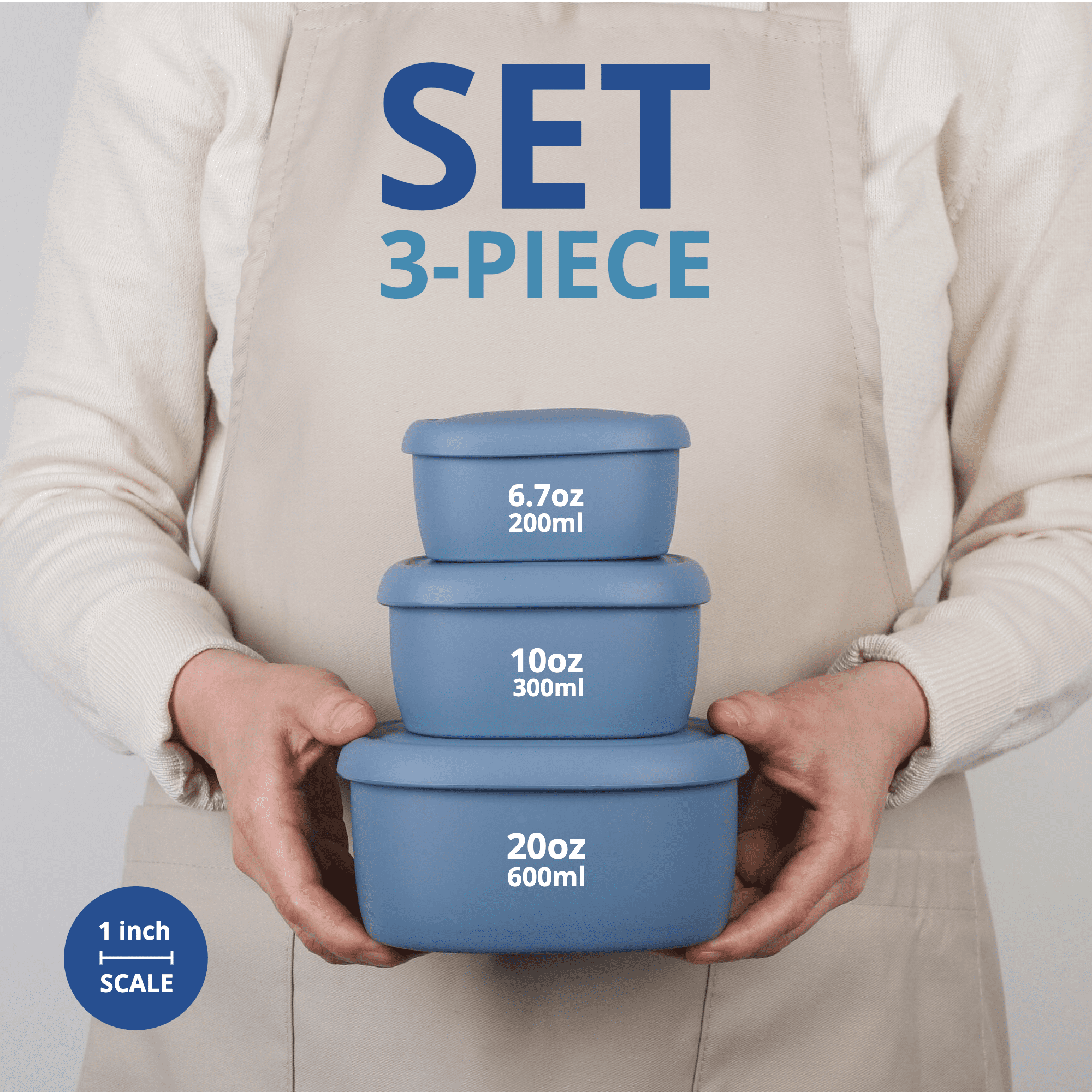 BLUE GINKGO Nesting Silicone Containers, Airtight Food Storage | Set of 3 (6.7oz, 10oz, 20oz) Blue