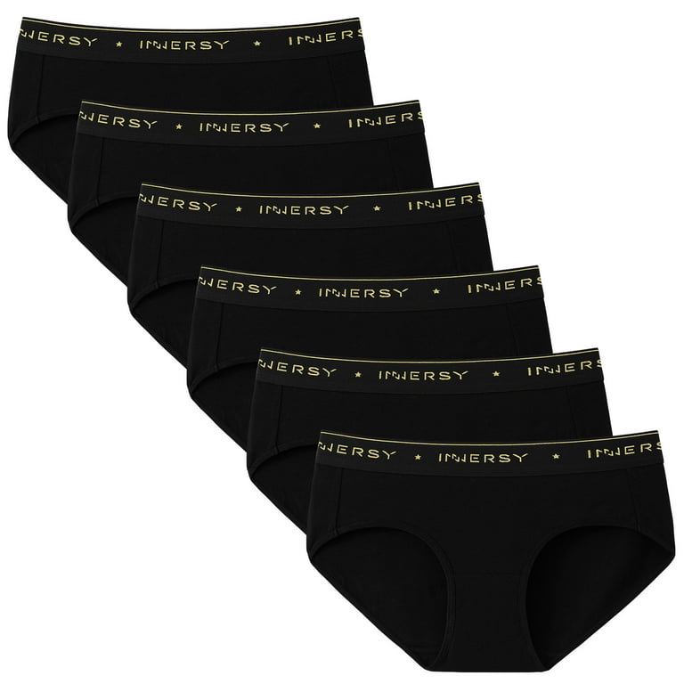 INNERSY Womens Cotton Underwear Hipster Black Panties Wide Waistband 6-Pack  (M, Black) 