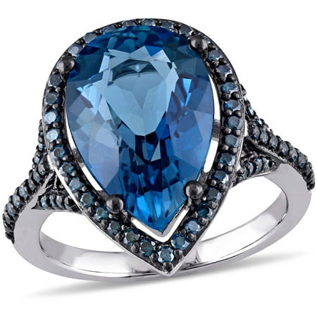 Tangelo 1/2 Carat T.W Blue Diamond and 6-3/4 Carat T.G.W. Blue Topaz 14kt Blue Rhodium-Plated White Gold Teardrop Ring