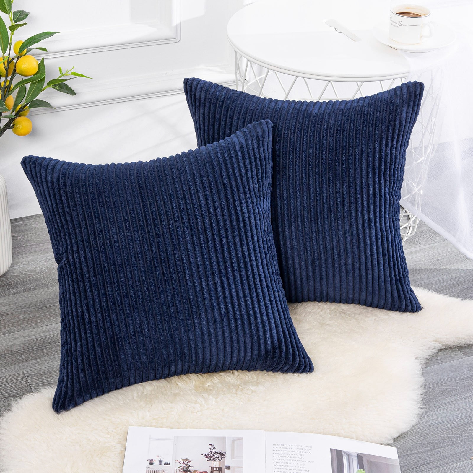 2Pcs Navy Blue Cushion Cover Pillow Shell Corduroy Corn Striped Home Decor 40cm