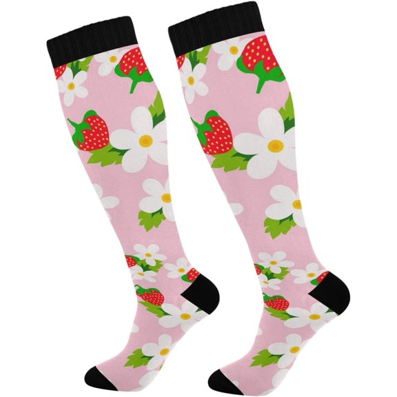 GZHJMY Strawberry Compression Socks, Women Men Long Stocking (20-30mmHg), Travel Knee High Stockings for Athletic Sports,Running,Cycling,Nursing