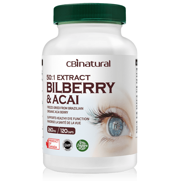 Bilberry 50:1 Extract 3000 mg Strength & Acai Berry, 120 Vegan Capsules, 4-Month Supply
