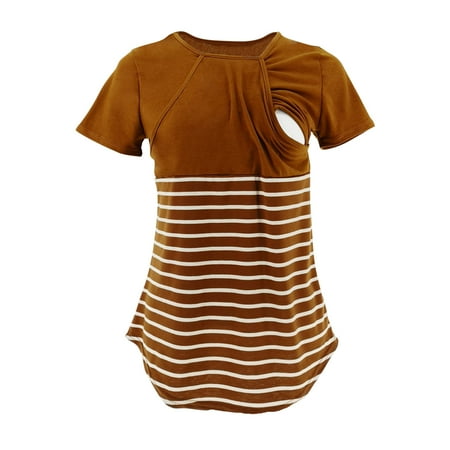

Pregnant Women Summer Nursing Short Sleeve Fashion Versatile Solid Round Neck Stripe Splicing T-shirt Maternity Casual Loose Breastfeeding Top