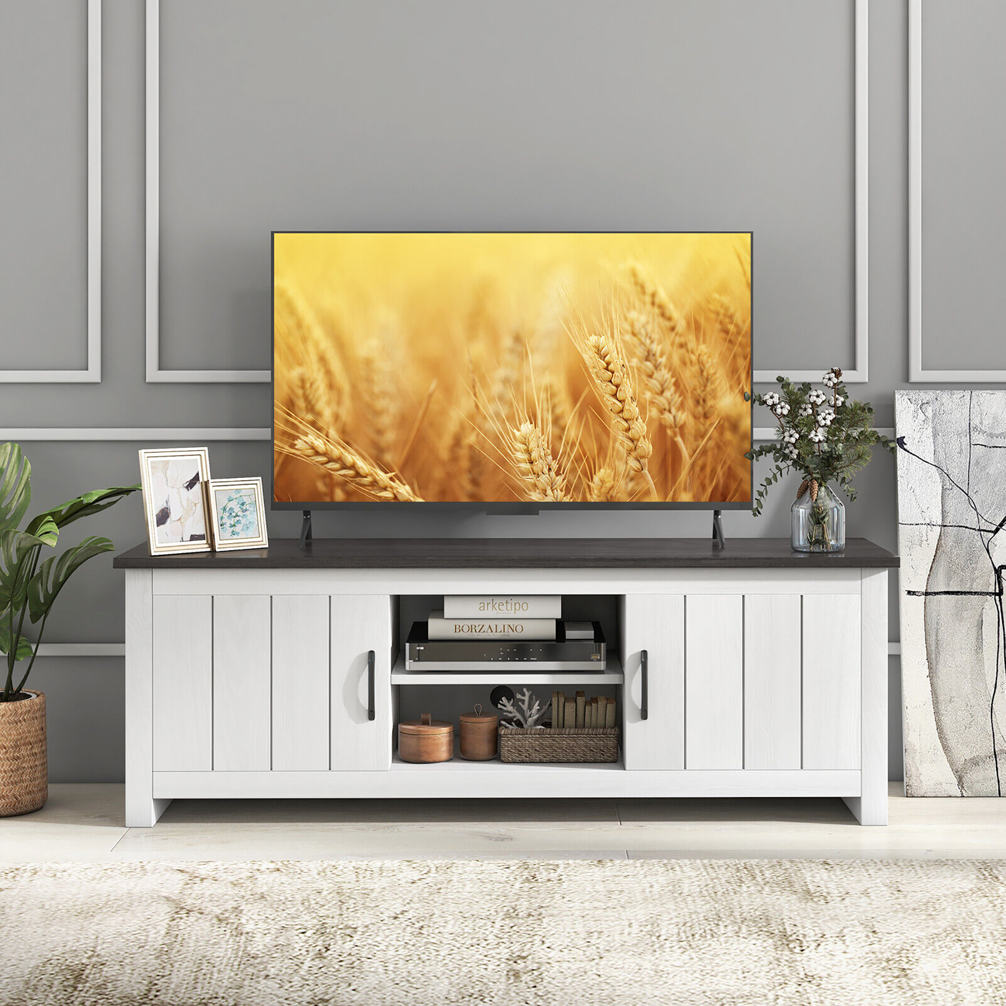 Gymax Farmhouse TV Stand for TVs up to 65'' Media Console Center w/ Doors Cubbies Black