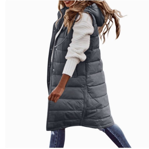 Women's Long Hooded Quilted Gilet Zip Up Sleeveless Waistcoat Padded Winter Jacket Outwear Coat