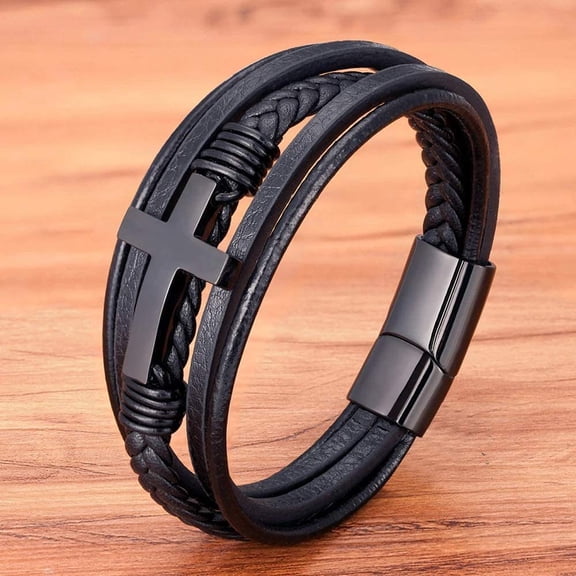 NICKSUN Multi-Layer Braided Leather Bracelets with Magnetic Clasp Mens Cuff Bracelets for Men Genuine Leather Bracelet Religious Leather Bracelets Decorate Gift