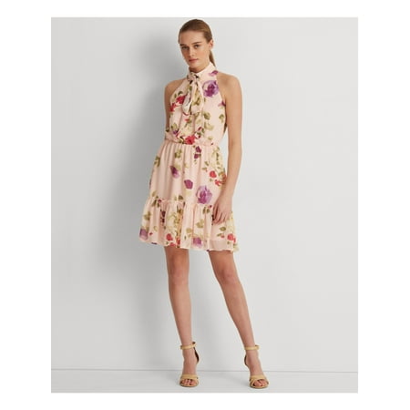 LAUREN RALPH LAUREN Womens Pink Ruffled Keyhole Back Elastic Waist Lined Floral Sleeveless Tie Neck Above The Knee Party Fit + Flare Dress 2