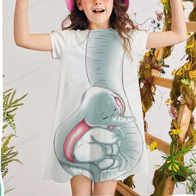 Vestido de manga corta con estampado de elefante pequeño para niña de 2 a 7 años, vestido infantil, vestido de princesa de verano para niña, vestido de fiesta 5T Gao Jinjia LED