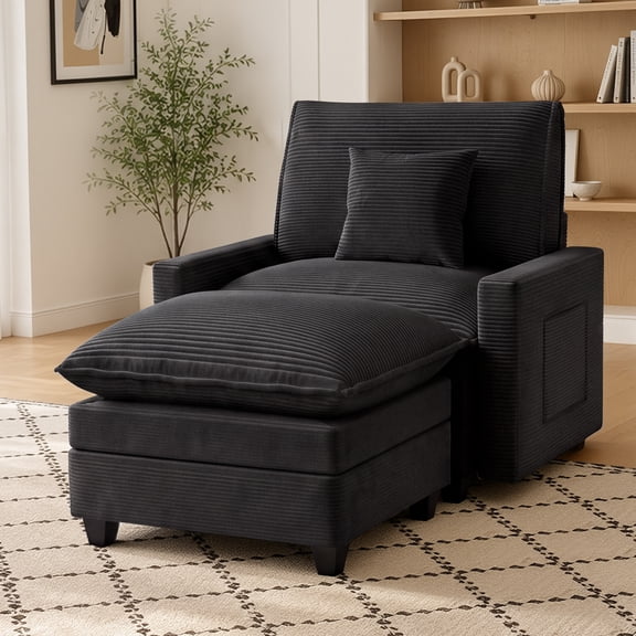 YOKWOK 41.3" Single Lounge Chair with Movable Ottoman, Modular Corduroy Sofa Chair with Pillow, Comfortable Single Seater Sofa, Black