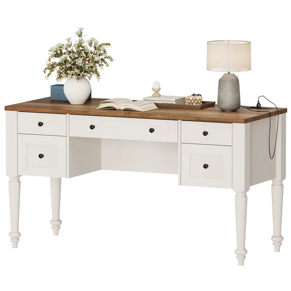 Farmhouse Executive Desk with Drawers, Charging Function, File Drawer, for Home Office, Work, Study Room, Oak