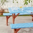 thumbnail image 6 of Violet Linen Deluxe Checkered Gingham Pattern, Vinyl Tablecloth Elestic, Polyester Flannel Backed Lining, Blue, 28 x 72 Inch, 3-Piece Set, Picnic Table and Bench Fitted Table Cover, 6 of 6