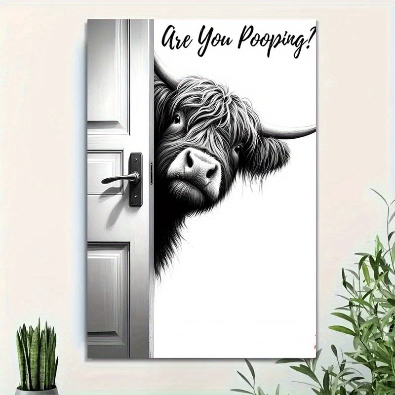1pc 2D Flat Black and White Canvas Art: A Longhorn Bull Peeking Through a Door Gap with the Text "Are You Pooping?" Fun Canvas Painting Wall Decor for Home, Bedroom, Kitchen, Living Room