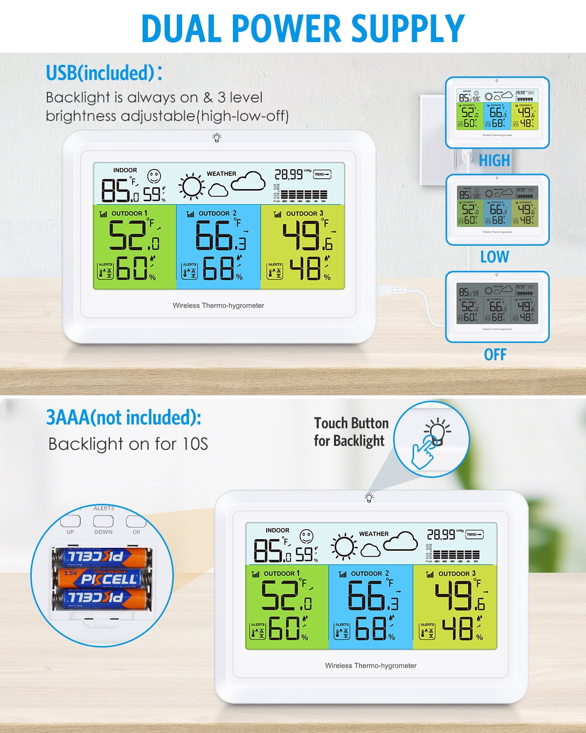 Weather Station, AMIR Indoor Thermometer with 3 Sensors Alert Barometer Pressure Backlight Forecast Outdoor Thermometer Humidity Gauge for Home Greenhouse Office