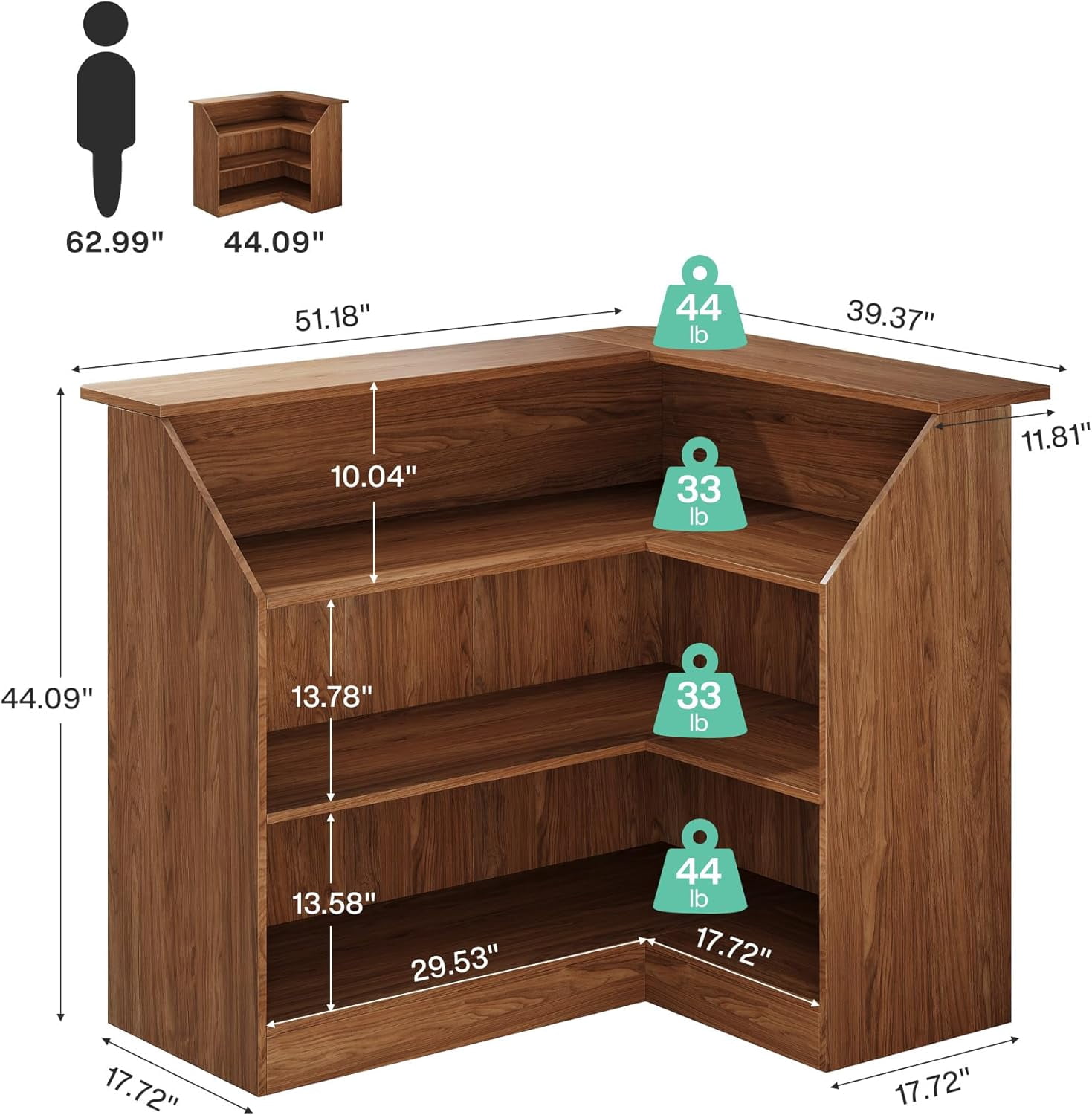 Finmind L-Shaped Reception Desk with Storage Shelves, Modern Front Counter Table for Office, Salon, Checkout Office, Vintage Brown