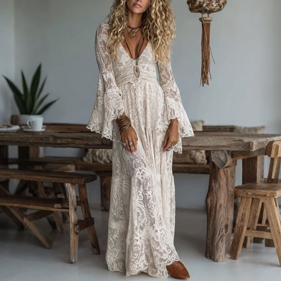 Guieoi Lace Dresses for Women 2026 Fall V-Neck Long-Sleeve Maxi Dress Beige M