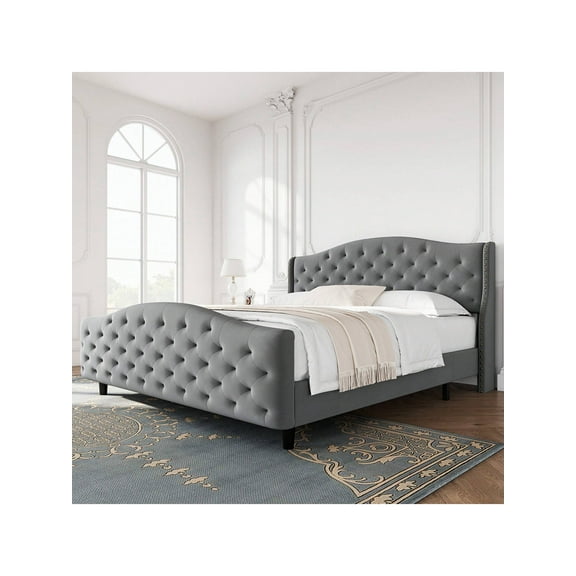 Grey Queen size bed Modern Upholstered Queen Bed Frame,Button Tufted Headboard And Footboard Design Solid Wooden Slat Support Easy Assembly,Grey (Queen)
