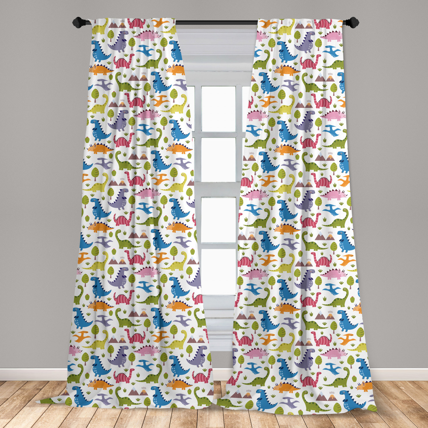 Dino Curtains 2 Panels Set, Cartoon Style Colorful Dinosaurs TRex
