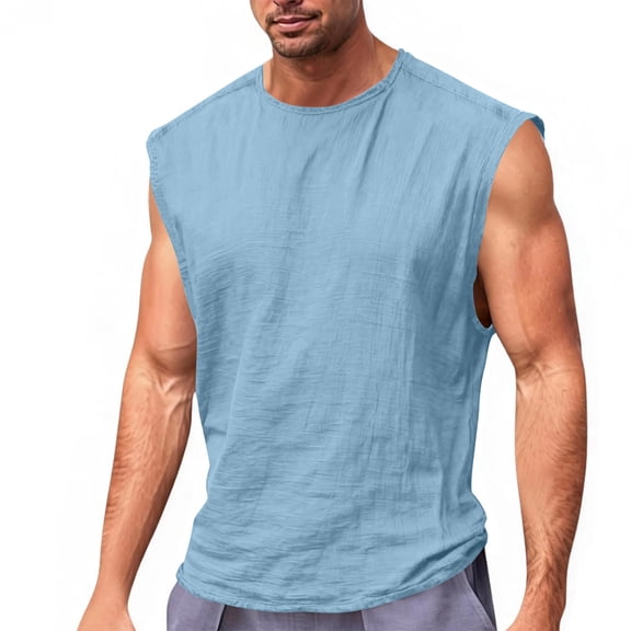 Mens Cotton Linen Tank Top Summer Sleeveless T-Shirts Hippie Casual Yoga Tops Solid Color Lightweight Breathable Muscle T-Shirt Plain Tee for Vacation & Bodybuilding Wear