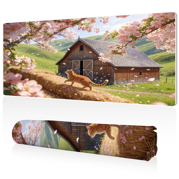 LIVEKEY XXL Mouse Pad Spring Barn Cat 80x40cm Non Slip Durable Easy Clean Stitched Edges Full Desk Coverage for Gaming Office Use