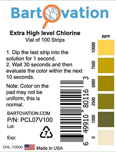 Bartovation Extra High-Level Chlorine Test Strips, 0-10,000 ppm, Vial of 100