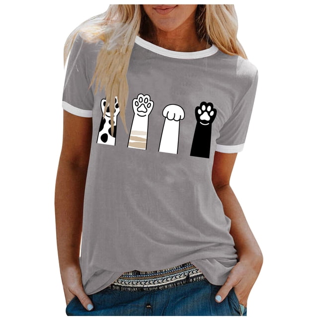Gibobby Camisetas Mujer Manga Corta Blusa informal con cuello redondo para mujer, camiseta manga corta con estampado rasguños en color, camiseta vacaci(Gris,XL)