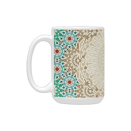 

Moroccan Decor Ottoman Mosaic Art Pattern with Oriental Floral Forms Antique Scroll Ceramic Boho Pri Ceramic Mug (15 OZ) (Made In USA)