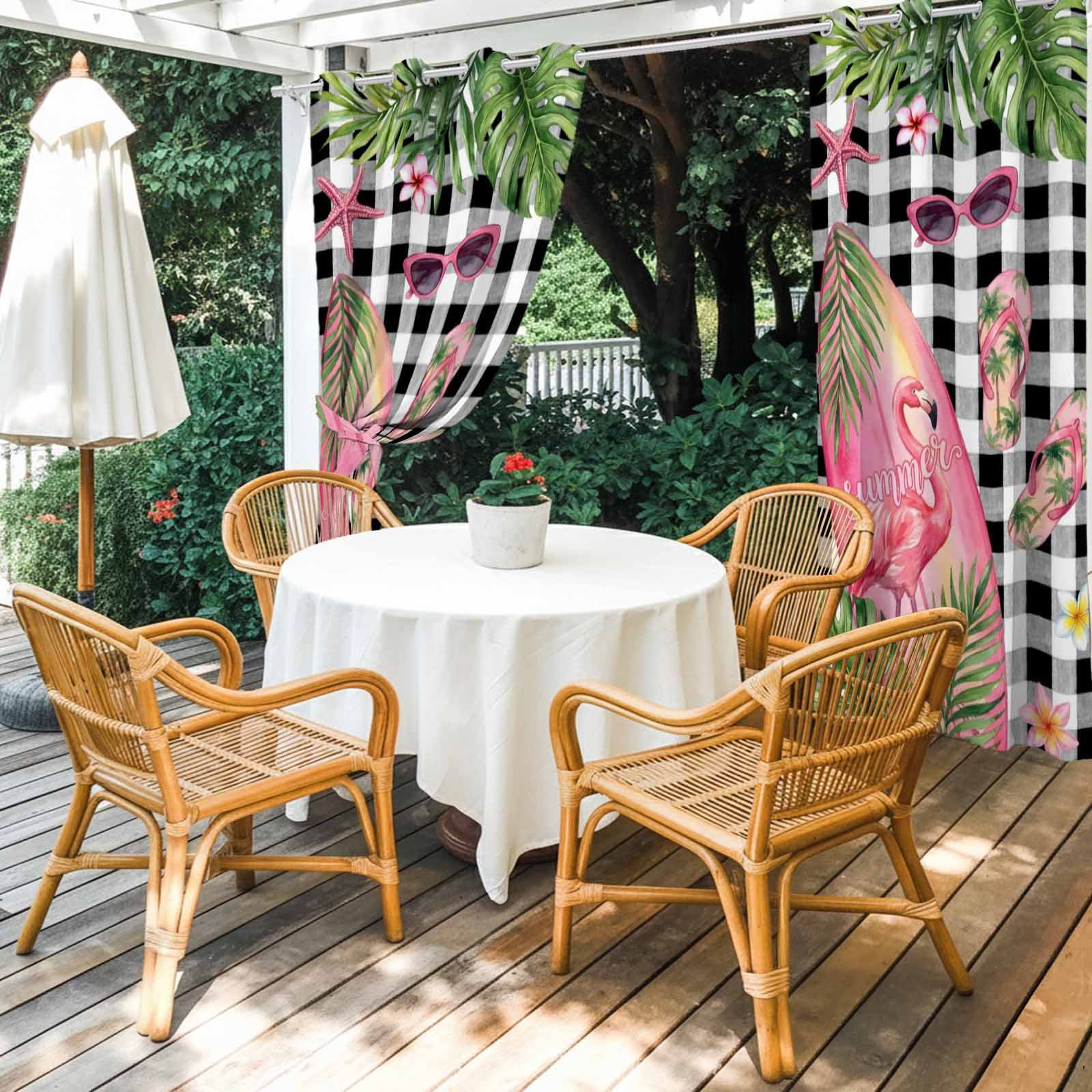 Summer Ocean Pink Surfboard Outdoor Curtains for Patio, Beach Slippers Flower Palm Leaf Black Plaid Sunshade Privacy Drapes Grommet Waterproof Outside Curtains for Porch Balcony 54"x108", 1 Panel