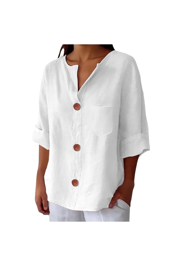 Women Linen Button Down Shirt 3/4 Sleeve Plus Size V Neck Quick Dry Soft Breathable Comfy Casual Solid Color Loose Fit Rolled Cuffed Spring Shirt White 5Xl