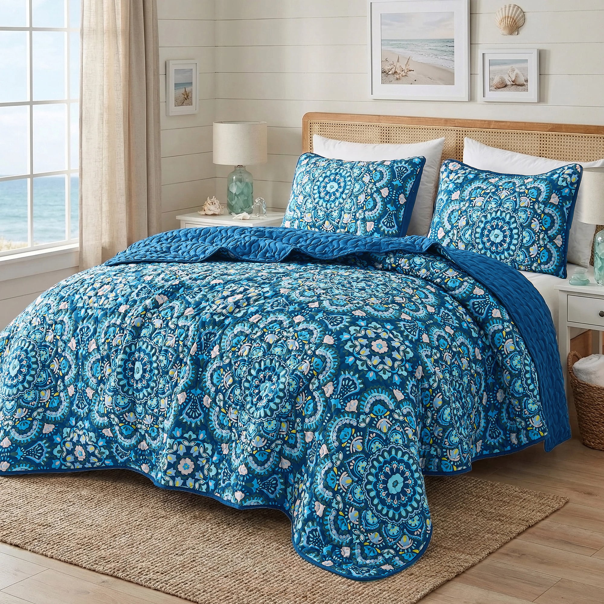 Regency Heights Full/Queen Quilt Set, 3-Piece Reversible Bedspread Coverlet Set, Navy Blue Quilted Bedding Set with Shams for All Season