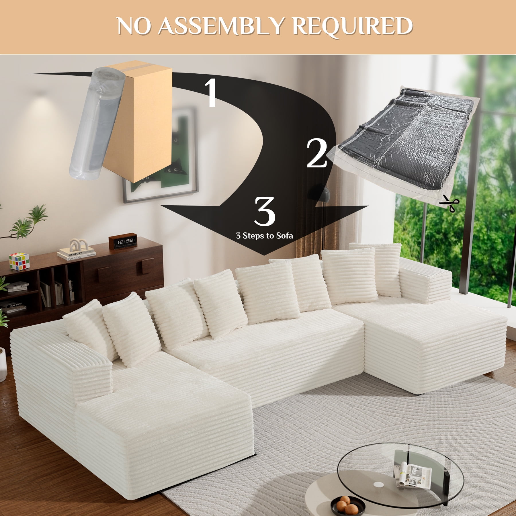 Wiilayok U Shaped Sectional Sofa,Modular Cloud Corduroy Sofa Couch with Extra Deep Seat for Living Room Sofa, No Assembly, Beige