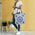 thumbnail image 6 of Open Top Canvas Tote Bag with Zipper Reusable Shopping Bag 13.5x15" Roomy Carryall Blue and White Batik Pattern, 6 of 9