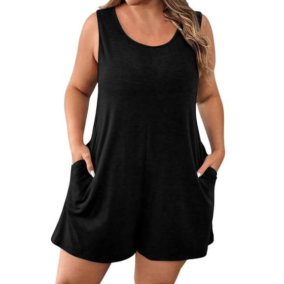 Edvintorg Womens Playsuit Plus Size Fashion One Piece Overalls Fashion Printed Overalls Sleeveless Adjustable Straps Jumpsuits with Pockets Black Xxl
