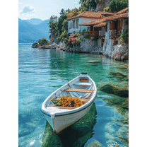 Mediterranean Coastal House Boat Canvas Wall Art,Perfect for Living Room,Bedroom,Bathroom,Kitchen,Office Decor