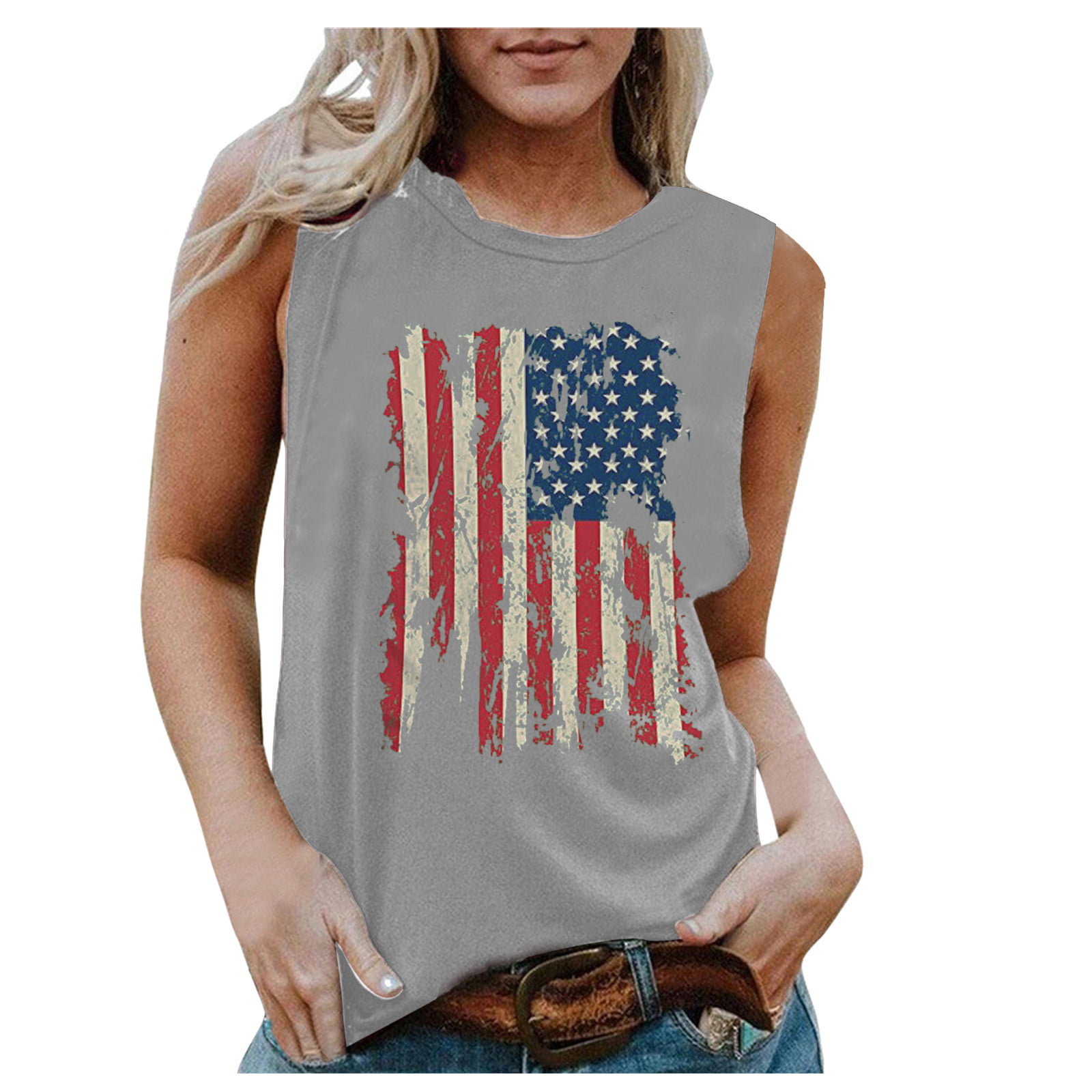 4th of July Shirts for Women Sleeveless O-Neck America Flag Print Two-Tone Stitching Top Tank T-Shirt Tops Blouse