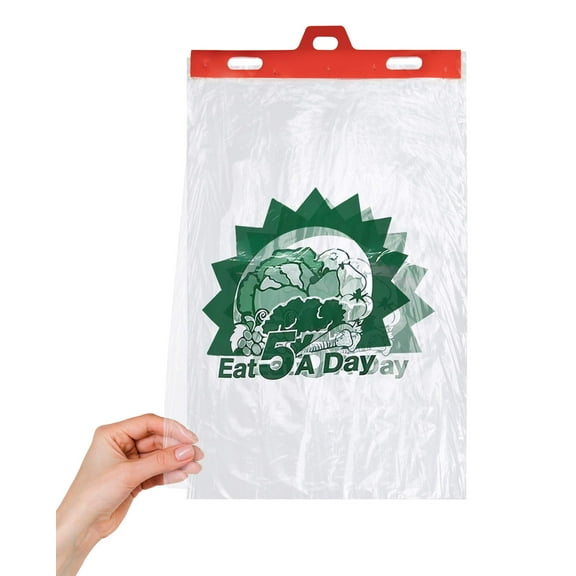 Clear Produce Bags on Headers, 0.55 Mil Eat 5 A Day, 2000 Count, 11 x 17 in