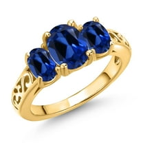 Gem Stone King 18K Yellow Gold Plated Silver Blue Created Sapphire Filigree Style 3 Stone Ring for Women (2.80 Cttw, Oval 8X6MM and 6X4MM) (Size 8)