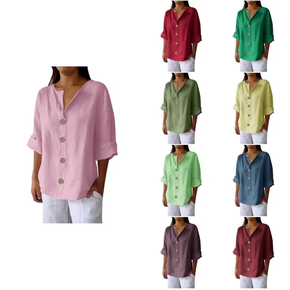 Antinious Women V-Neck 3/4 Sleeve Solid Linen Button Front Loose Casual Summer Tops