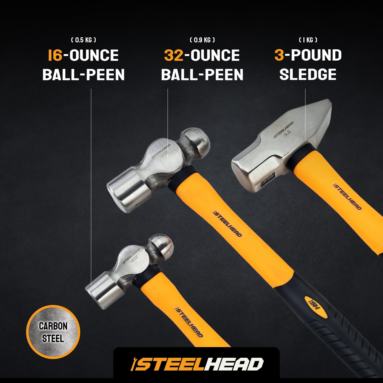 STEELHEAD 5-Piece Fiberglass Handle Hammer & Mallet Set, 16oz Ball-Peen Hammer, 32oz Ball-Pein Hammer, 32oz Rubber Mallet, 3lb Sledge Hammer, 3lb Cross-Pain Hammer