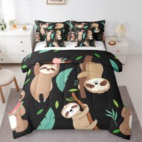 Manfei Funny Animal Lover Twin Bedding Sets 7-Piece, Jungle Cartoon Slotn Bedding Comforter Set, Leaf Plant Botanical Reversible Sheet Sets, Lightweight Room Decor