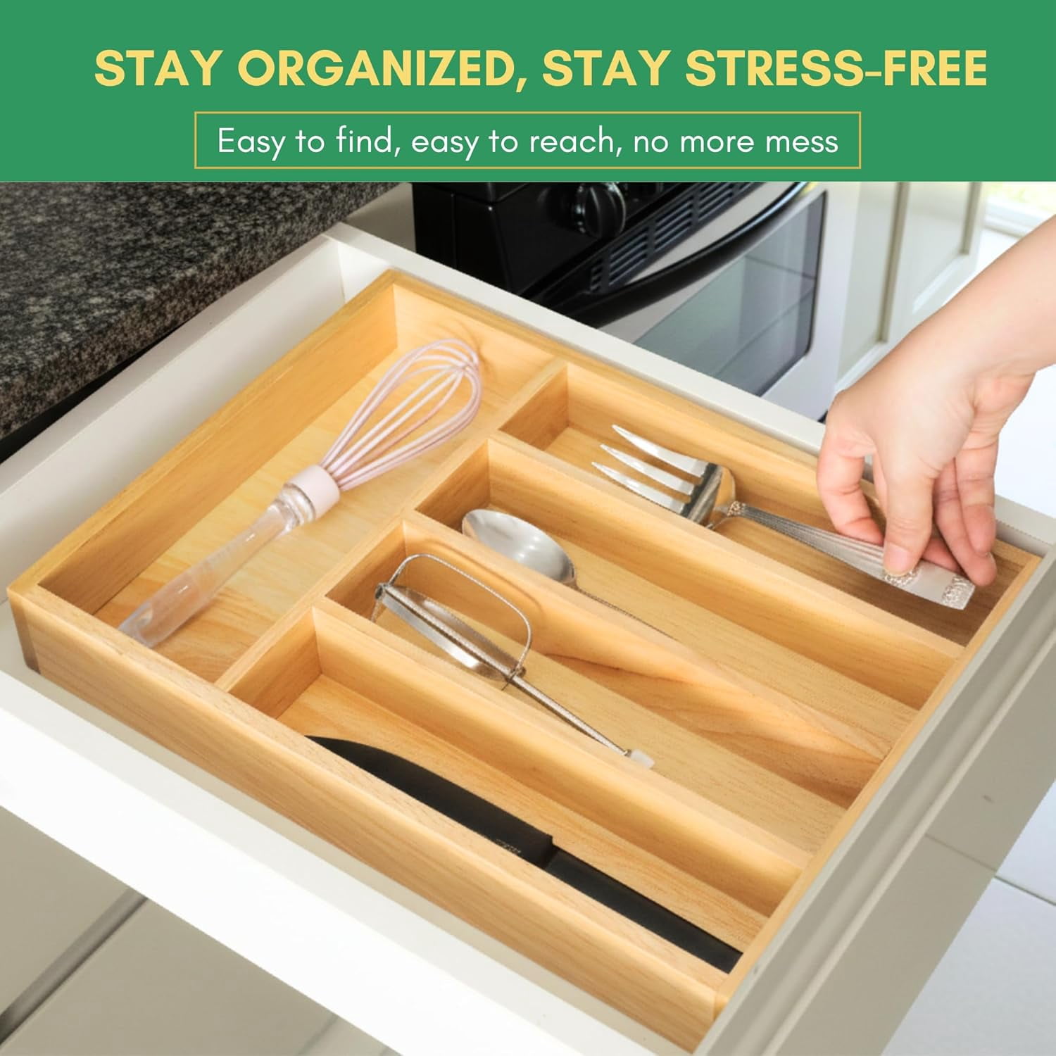Rubber Wood for Drawer - [14"L x 10"W x 2"Th] Utensil Tray, 5 Compartment Flatware Holder, Multi-Purpose Kitchen Drawer Organizer for Utensils, Stationery & Hand Tools