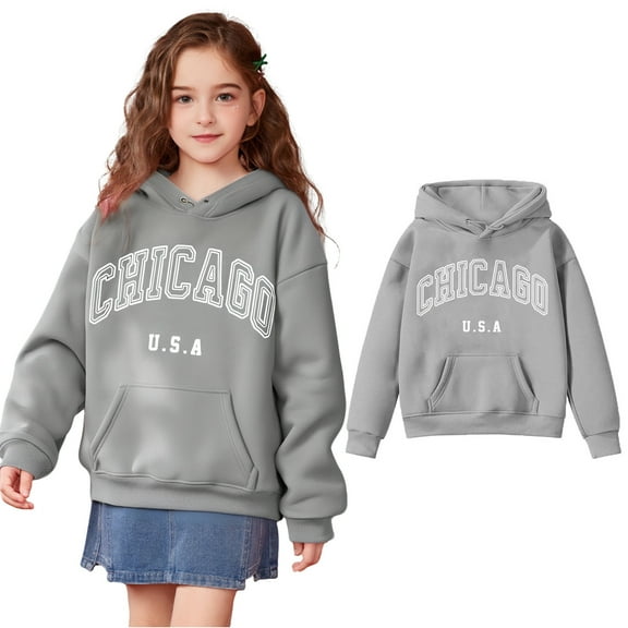 Kids Girls Hoodies Chicago City Letter Print Hooded Casual Long Sleeve Classic Hoodie Fall Winter Clothes Girls Clothes Size 5-6 Years Kids Clothes