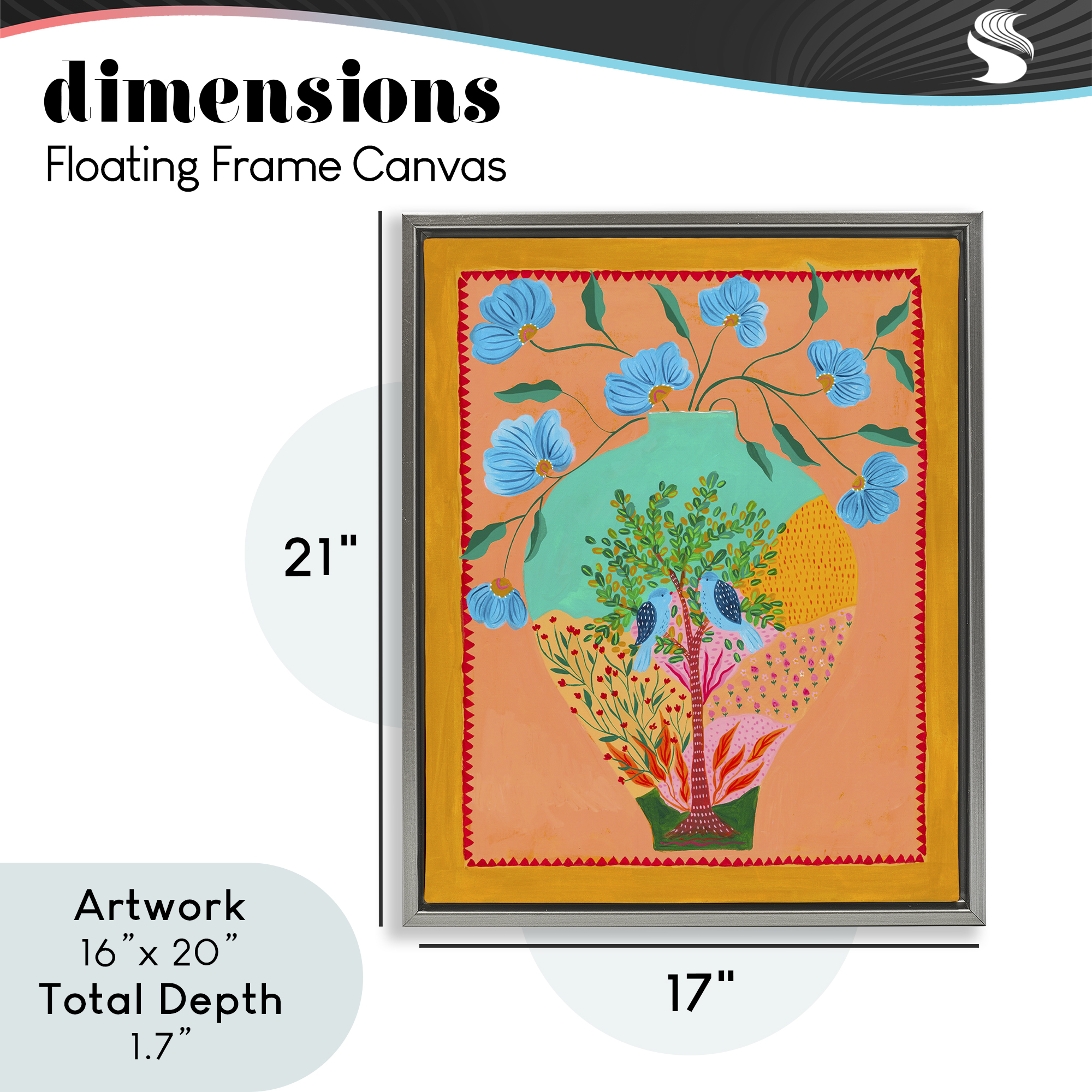 Bluebirds & Boho Flower Vase Gray Framed Floater Canvas Wall Art, design by Nabeela Rumi
