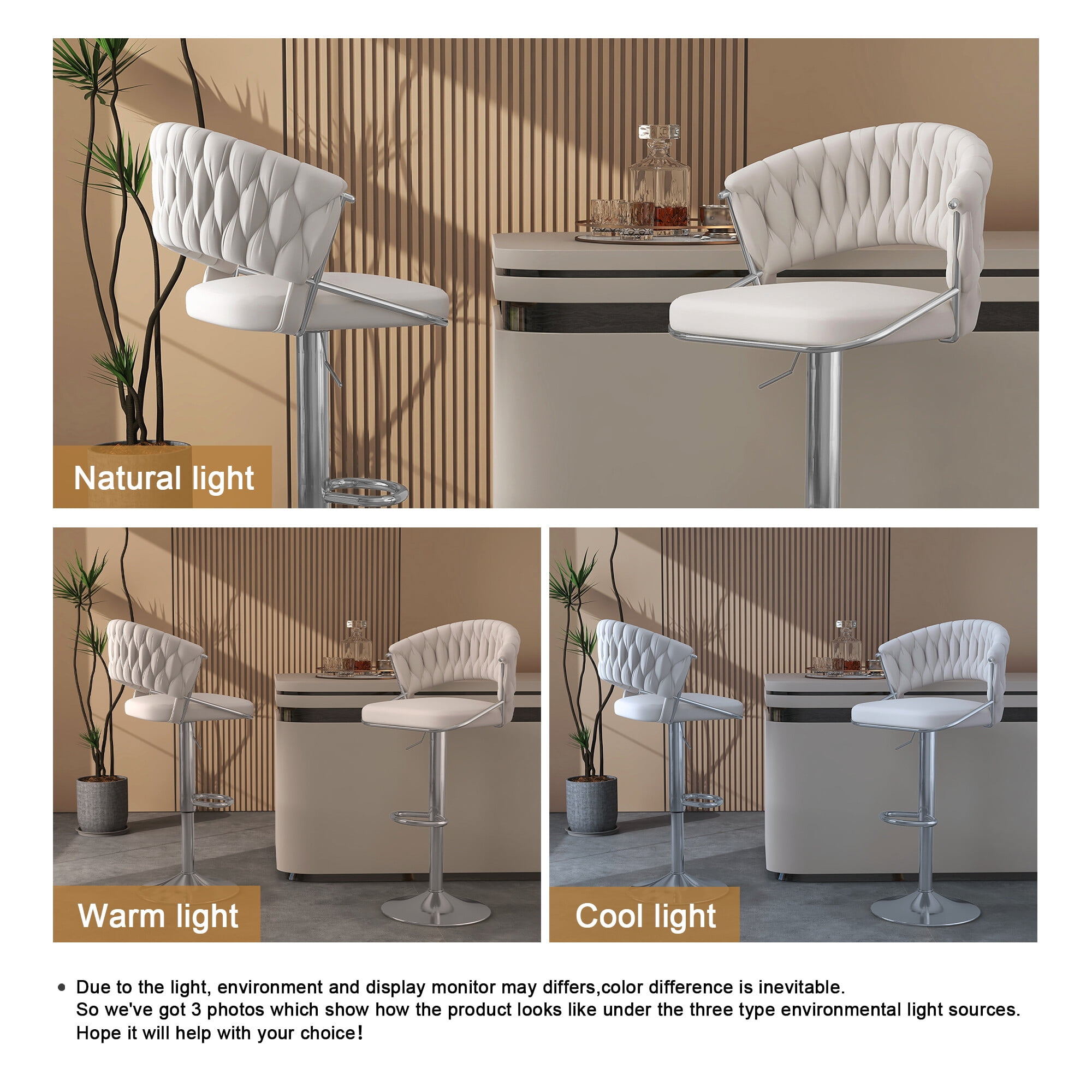 UIXE Ivory Bar Stools Set of 2 Modern High Back Swivel Barstool for Kitchen Counter Square Island, Velvet