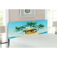 thumbnail image 2 of Tropical Headboard, Tropical Wooden Bungalow 3 Palm Trees in a Small Island Cartoon Art, Upholstered Decorative Metal Bed Headboard with Memory Foam, Full Size, Aqua Green Beige, by Ambesonne, 2 of 4