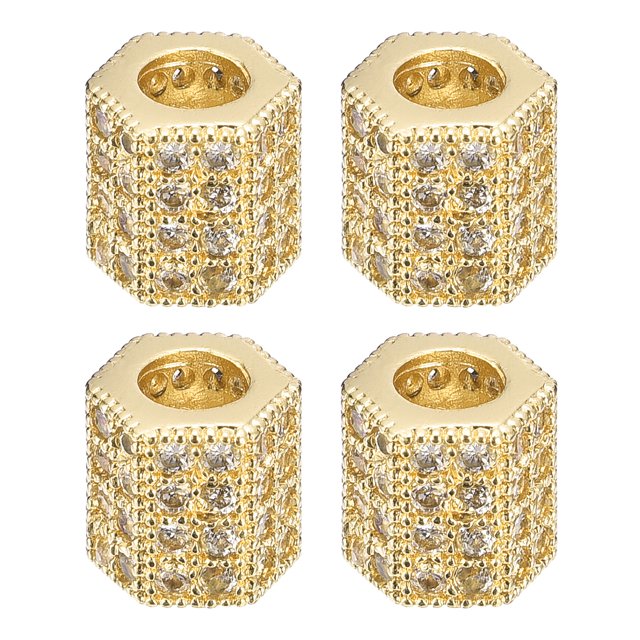 Unique Bargains Charm Rhinestone Beads, 4 Pack Copper Rhinestone Spacer Beads, Zircon Pave Hexagon for Jewelry Making (Gold)