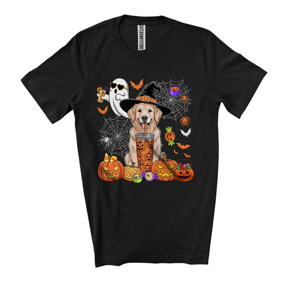 Witch Golden Retriever Drinking Coffee; Horror Halloween Costume Boo Ghost Pumpkin; Family Group Unisex T-Shirt
